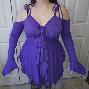 Purple Cold Shoulder Fairy Dress with Bell Sleeves XL